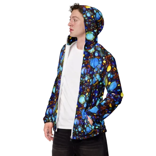 Blue Fireworks on a Men's Windbreaker