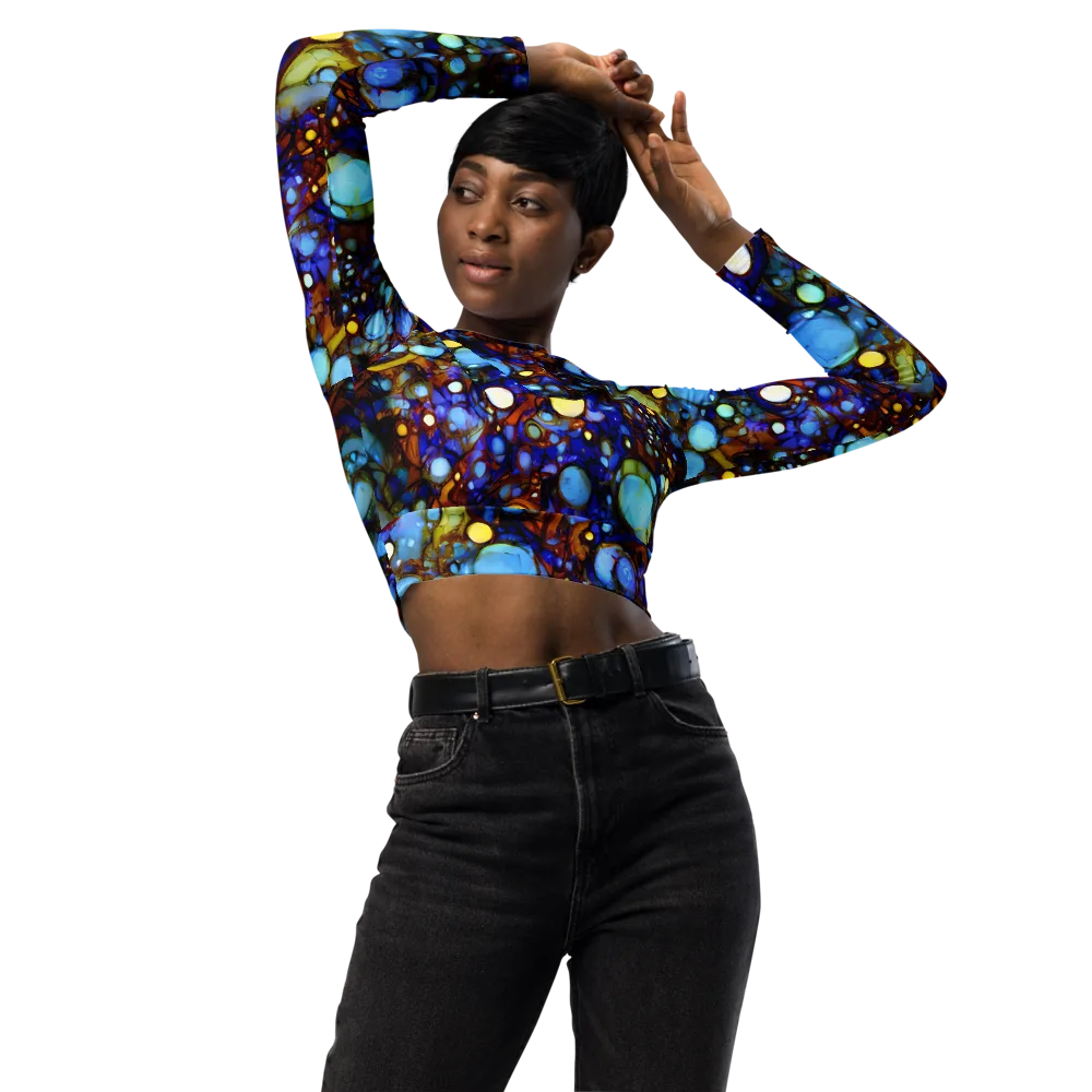 Blue Fireworks on Long Sleeve Crop Top — Front