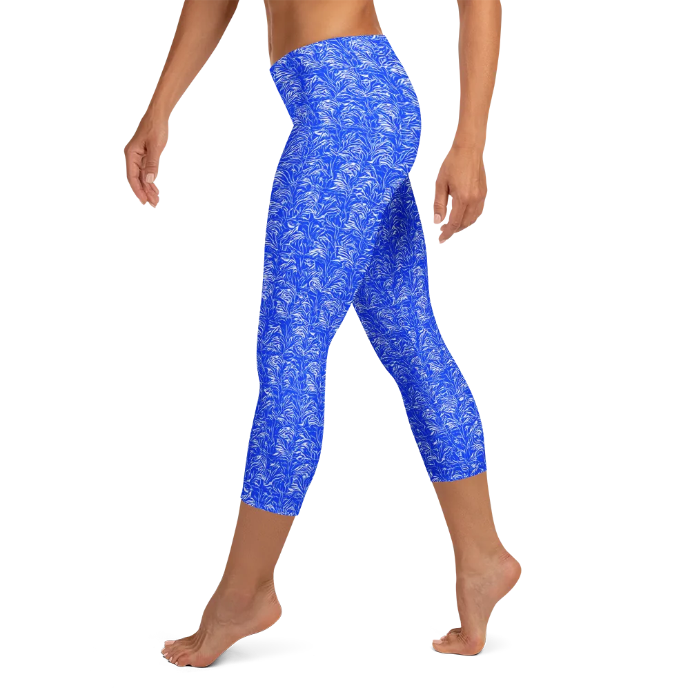 Cobalt Frond on Capri Leggings — Left