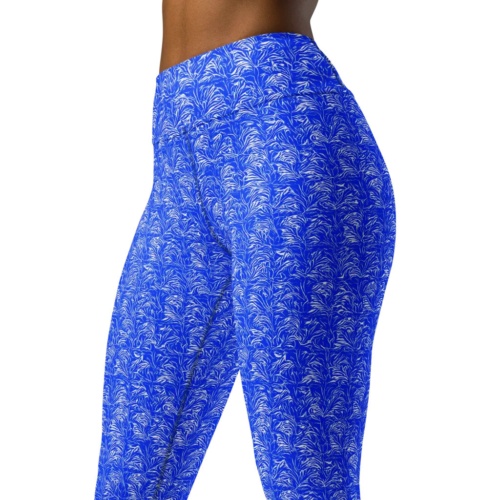 Cobalt Frond on Yoga Leggings — Left Front