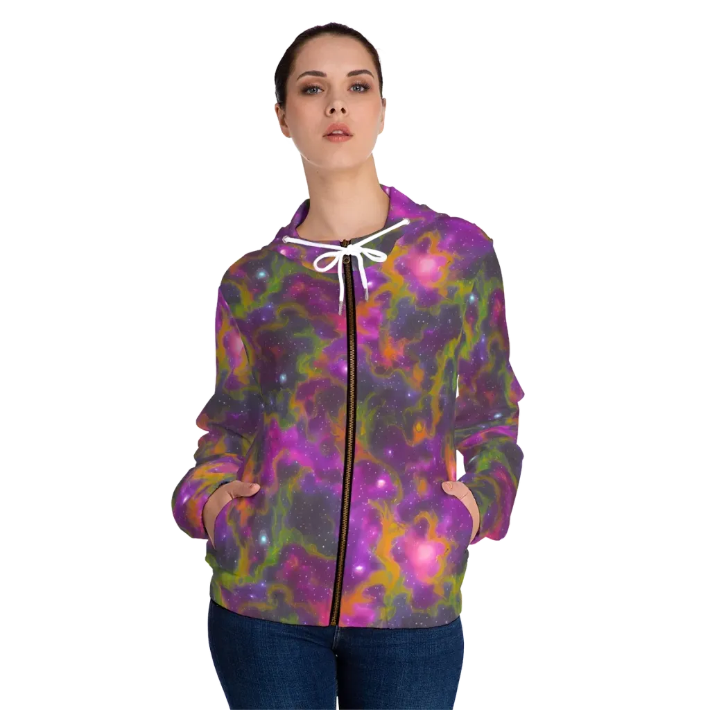 Orchid Cosmos on Women's Full-Zip Hoodie — Front On Person