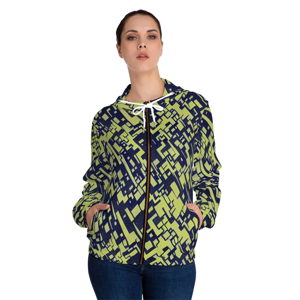 Lime Noir Maze on Women's Full-Zip Hoodie — Front On Person