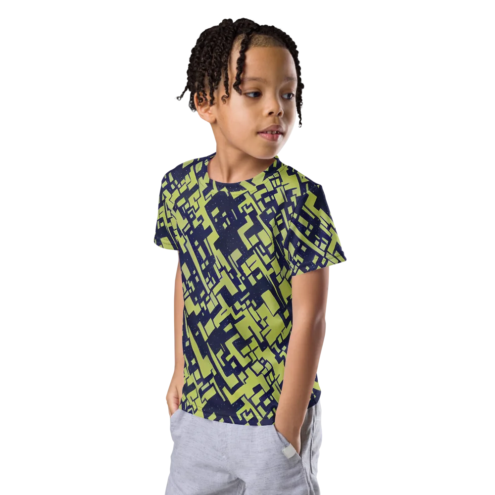 Lime Noir Maze on Kids Crew Neck T-Shirt — Left Front