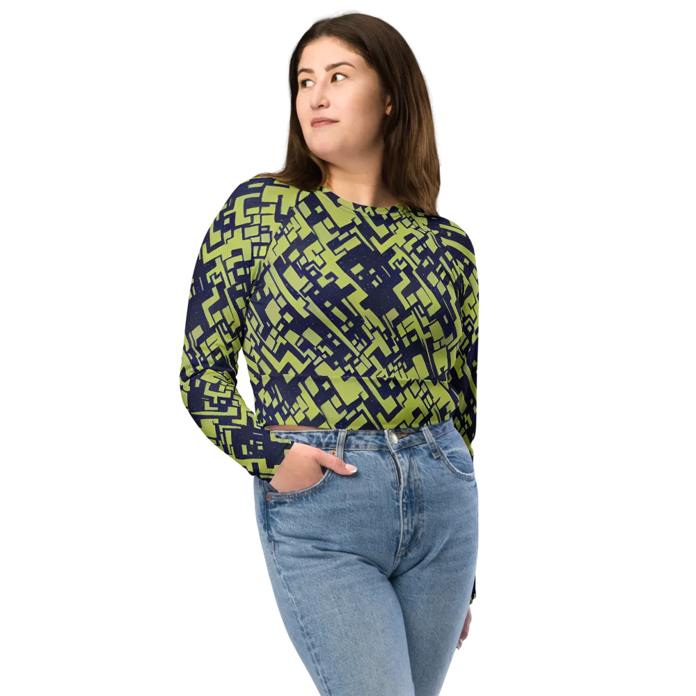 Lime Noir Maze on Long Sleeve Crop Top — Front