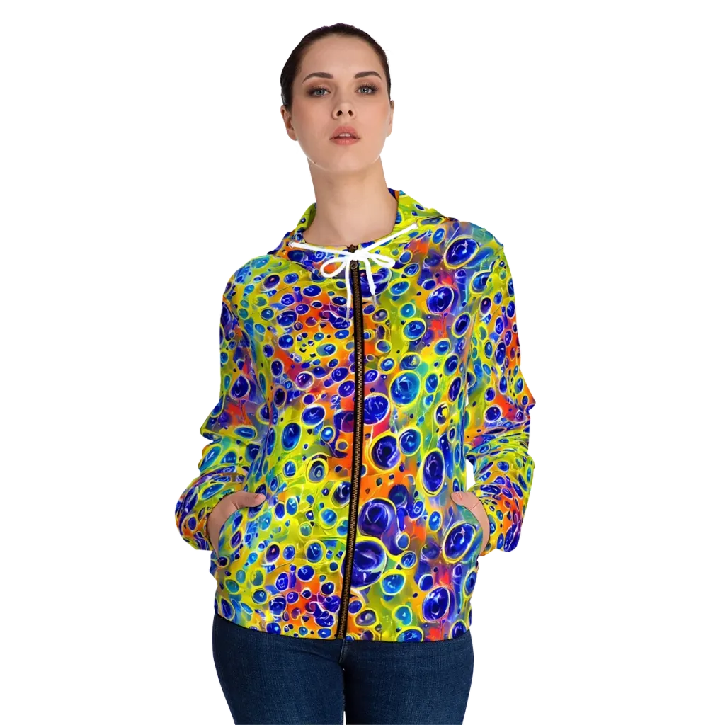 Electric Bubbles on Women's Full-Zip Hoodie — Front On Person