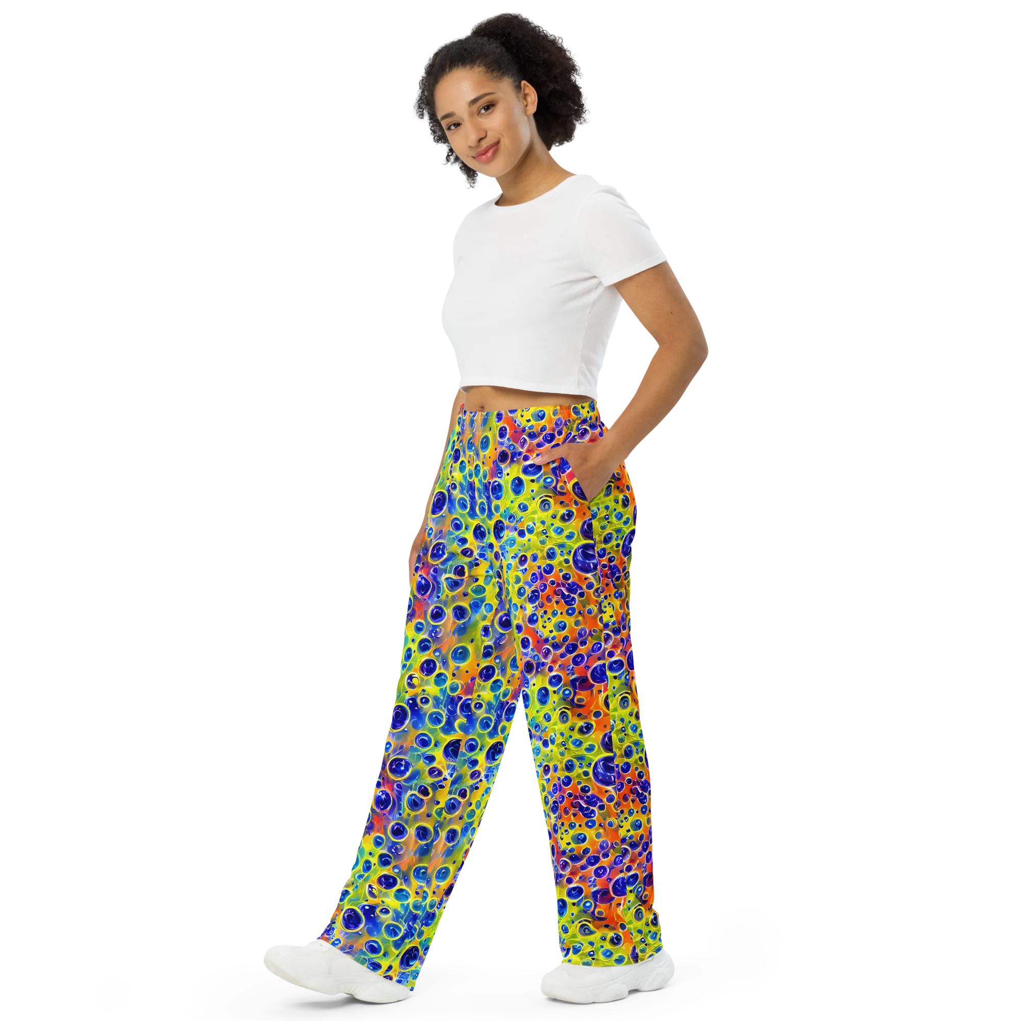 Electric Bubbles on Wide-Leg Pants — Left Front