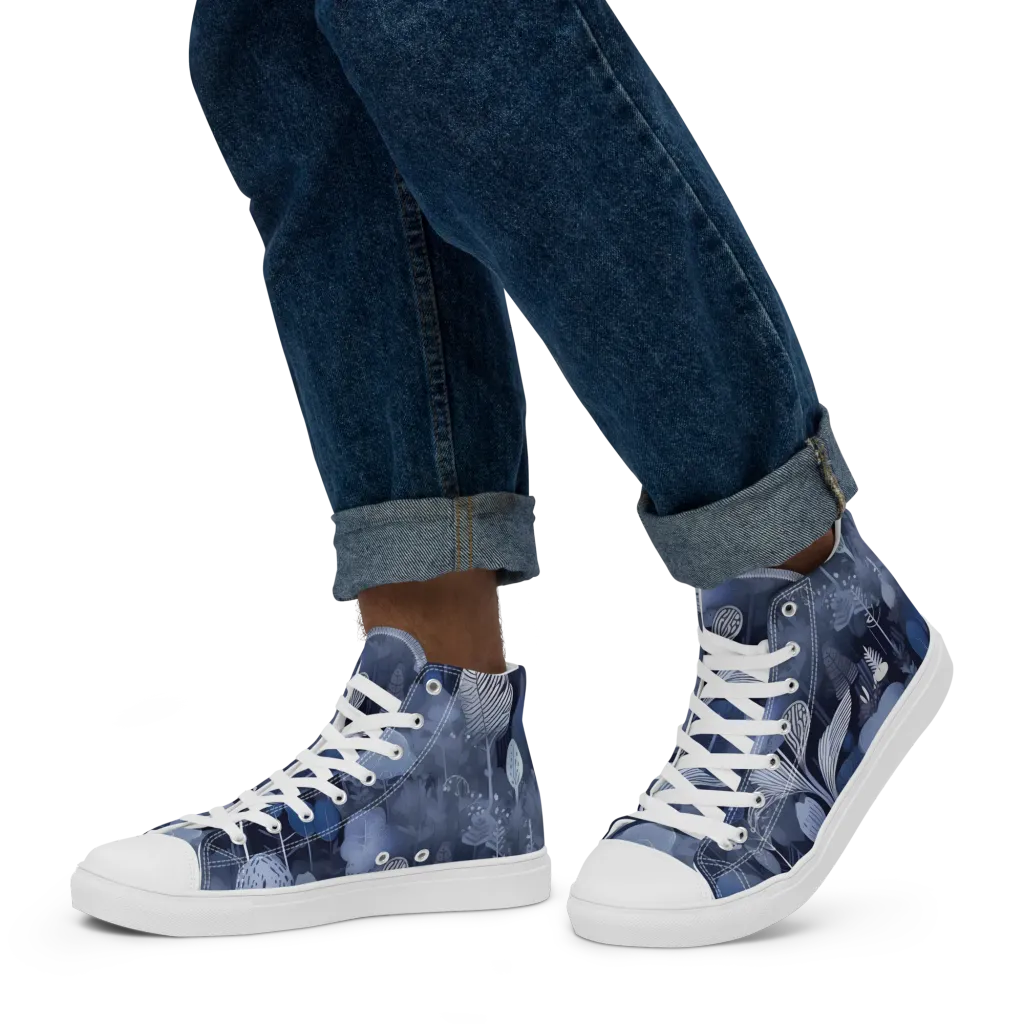 Blue Velvet Garden on Men's High Top Canvas Shoes — Left