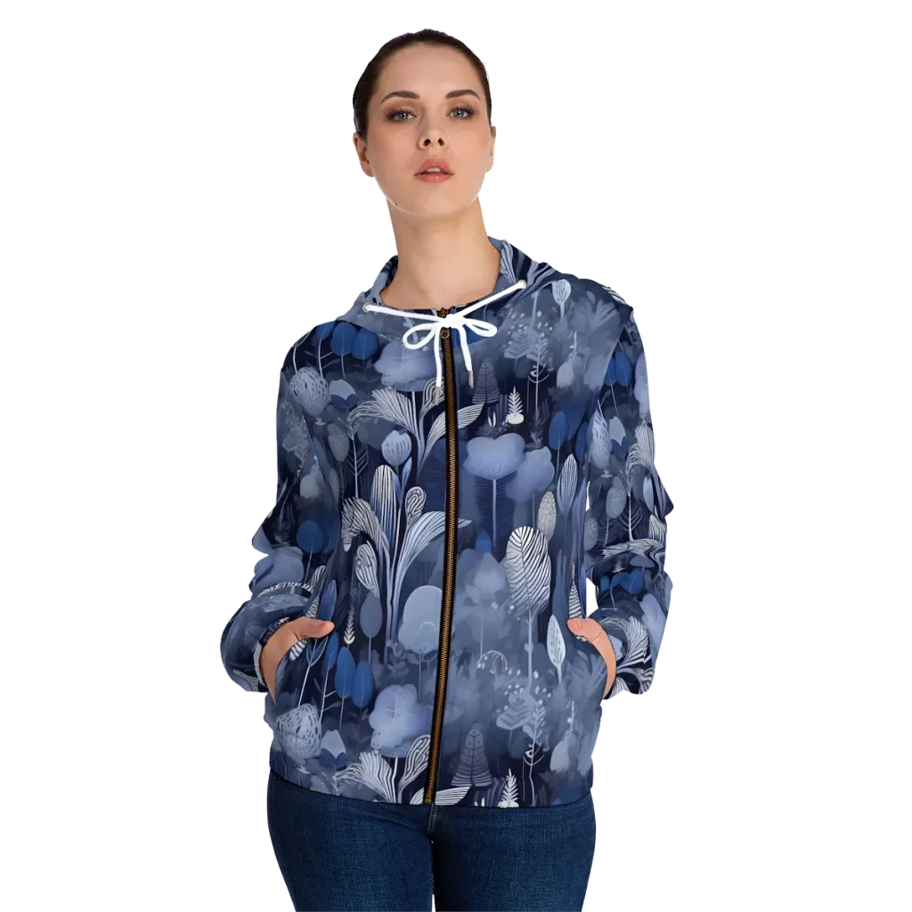 Blue Velvet Garden on Women's Full-Zip Hoodie — Front On Person