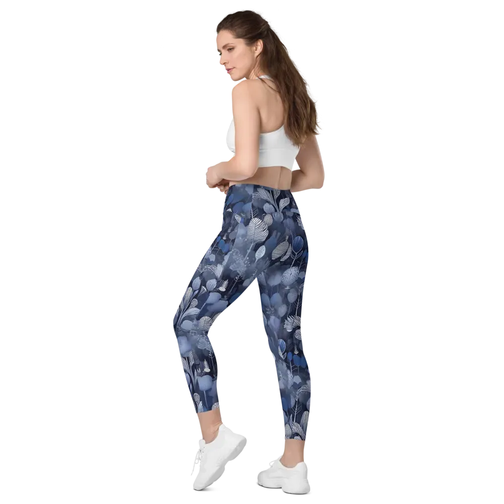 Blue Velvet Garden on Leggings with Pockets — Left Back