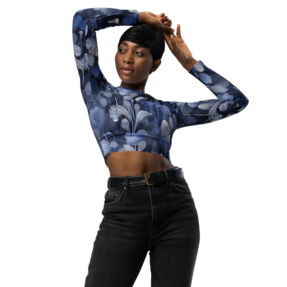 Blue Velvet Garden on Long Sleeve Crop Top — Front