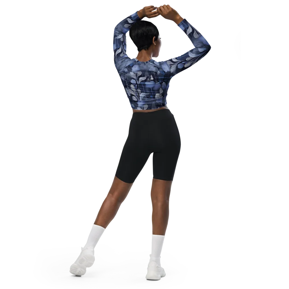 Blue Velvet Garden on Long Sleeve Crop Top — Back