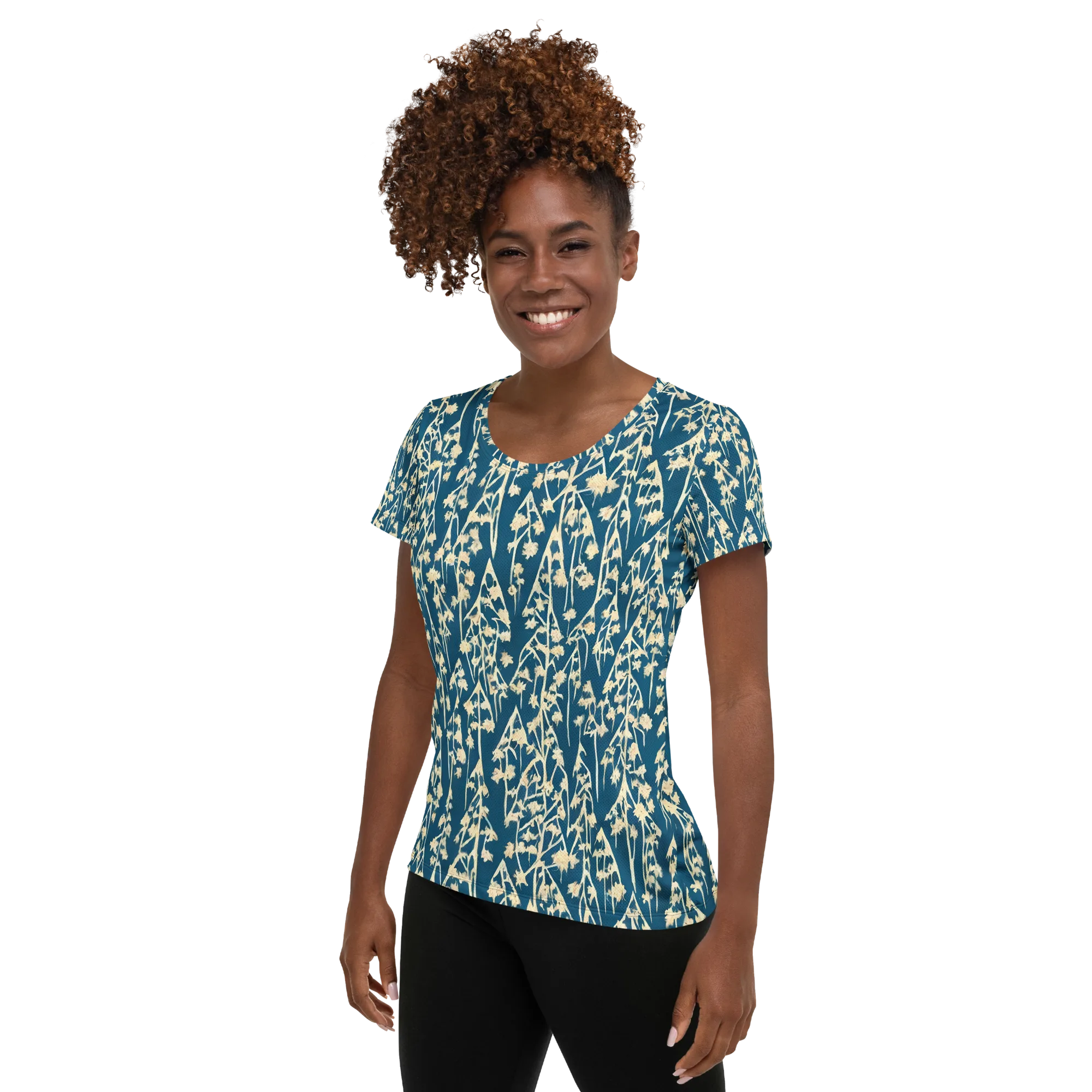 Teal Meadow on Women's Athletic T-Shirt — Left