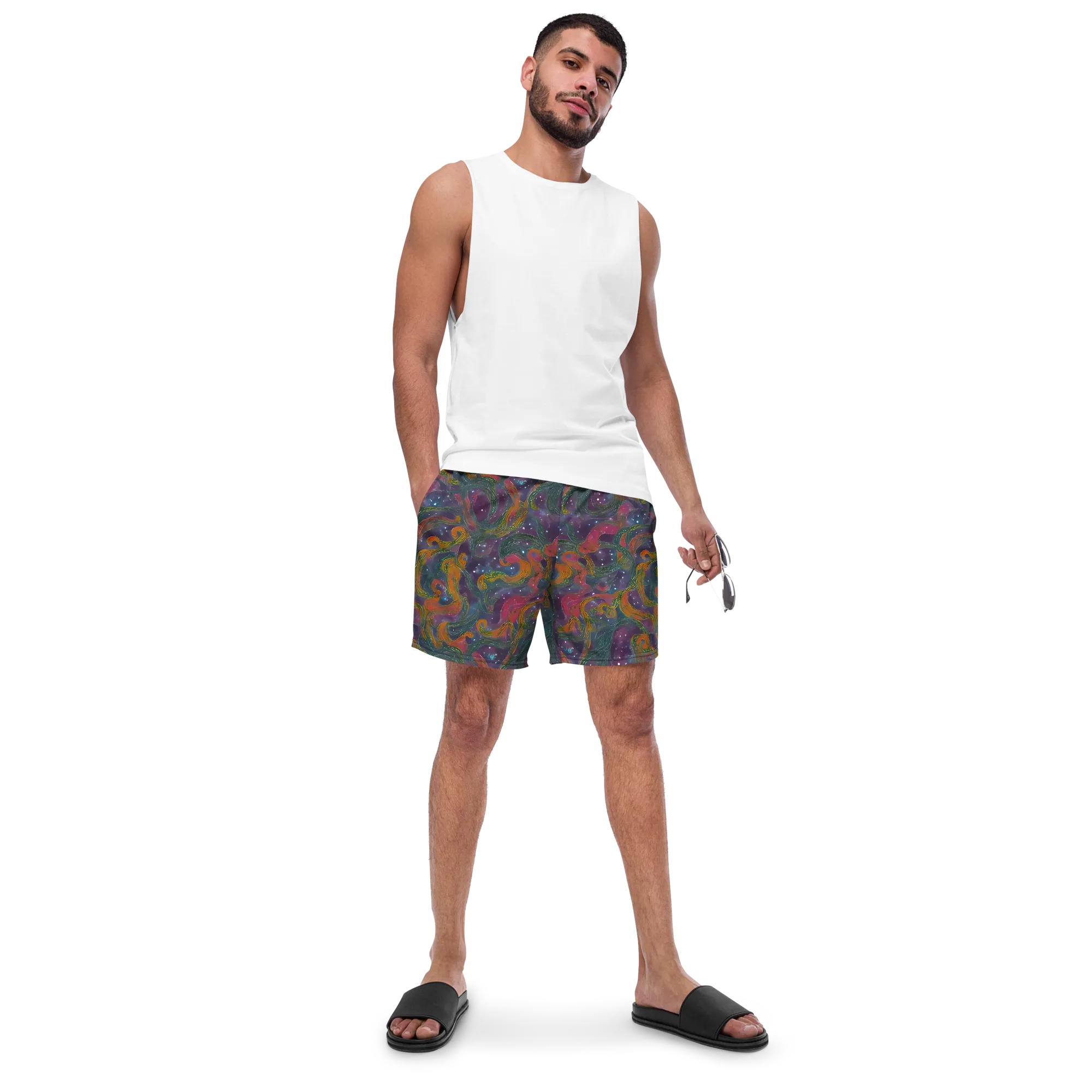 Violet Whirlpool on Swim Trunks — Front