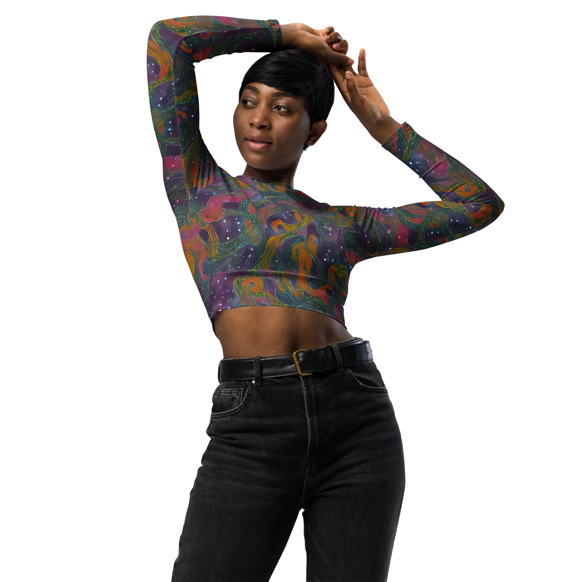 Violet Whirlpool on Long Sleeve Crop Top — Front