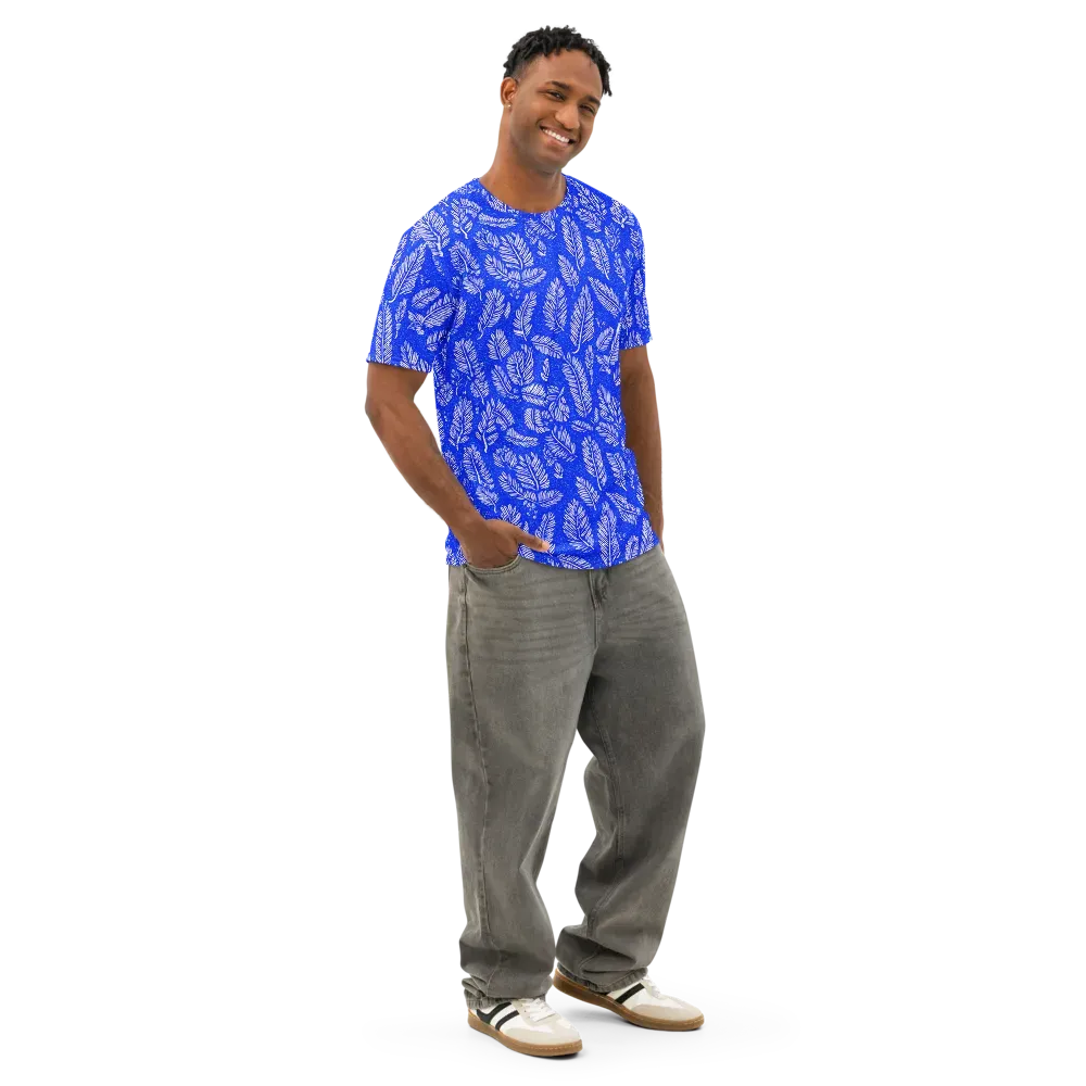 Azure Fronds on Men's Cotton Crew Neck T-Shirt — Right Front