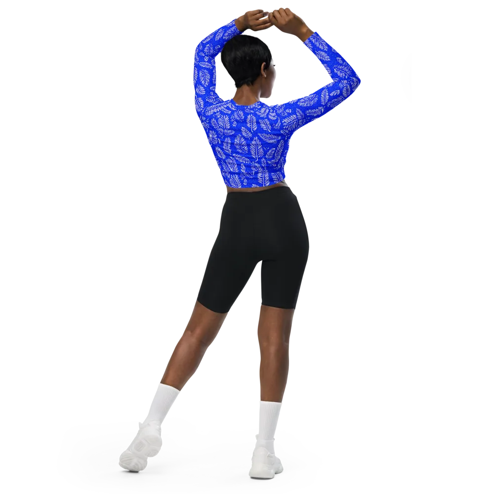 Azure Fronds on Long Sleeve Crop Top — Back