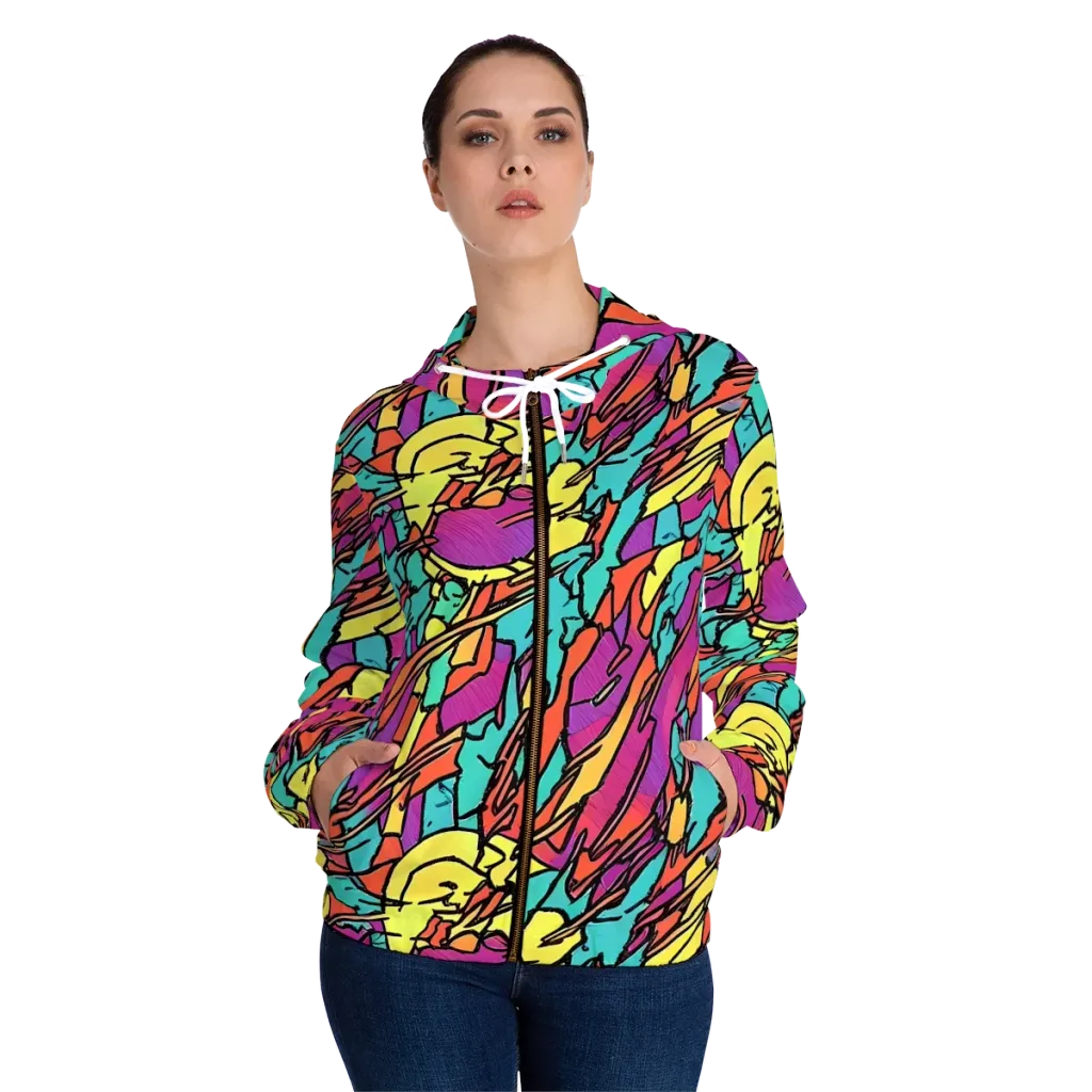 Kaleidoscope Crash on Women's Full-Zip Hoodie — Front On Person
