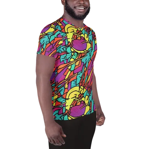Kaleidoscope Crash on a Men's Athletic T-Shirt