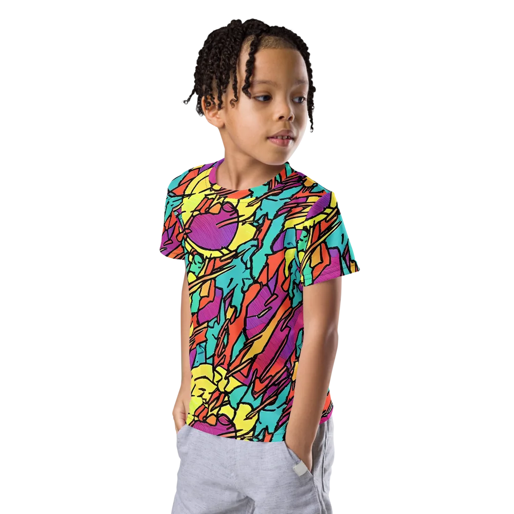 Kaleidoscope Crash on Kids Crew Neck T-Shirt — Left Front