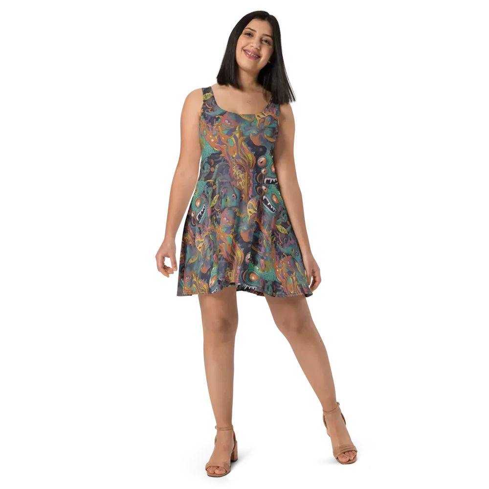 Neon Menagerie on Skater Dress — Front