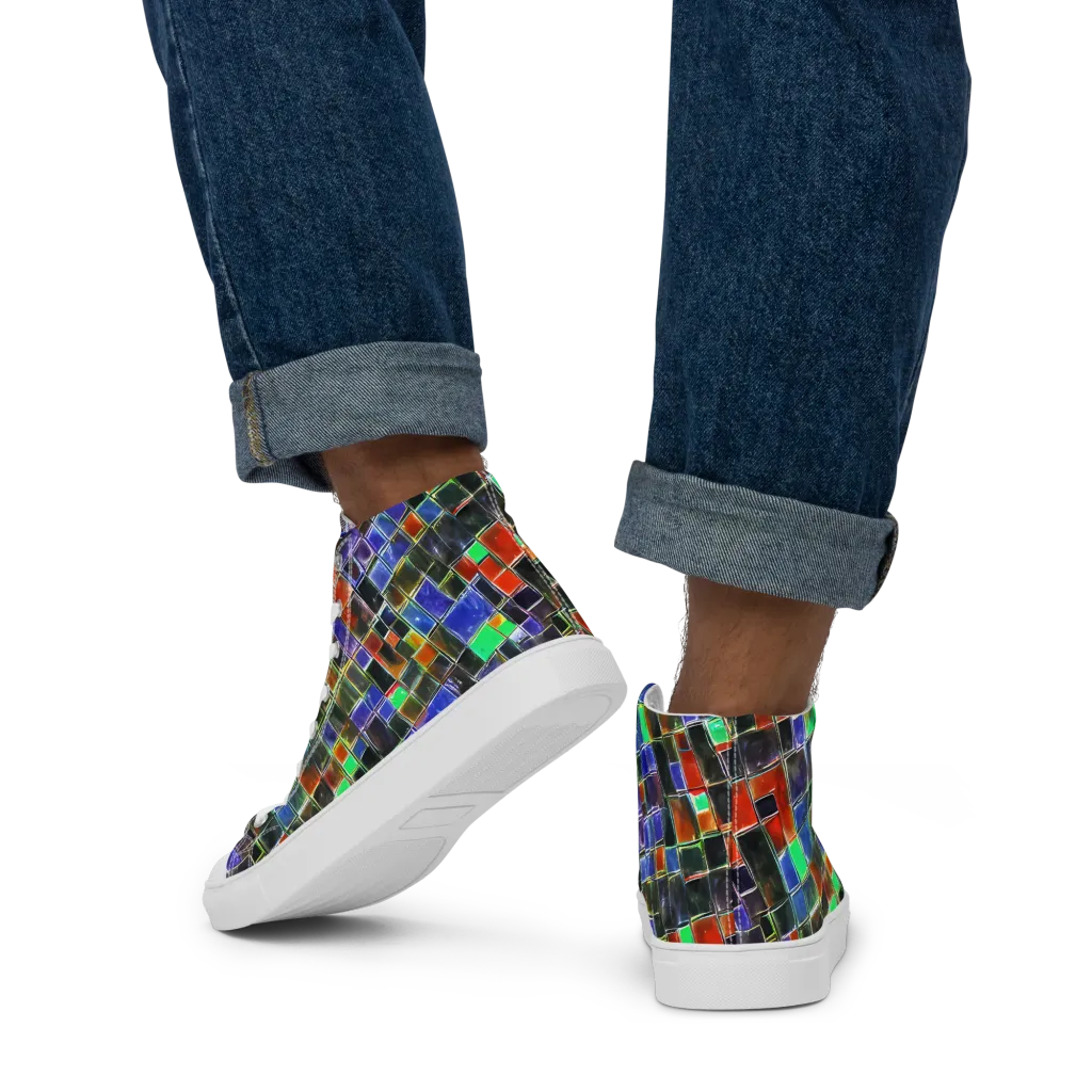 Neon Tesserae on Men's High Top Canvas Shoes — Back