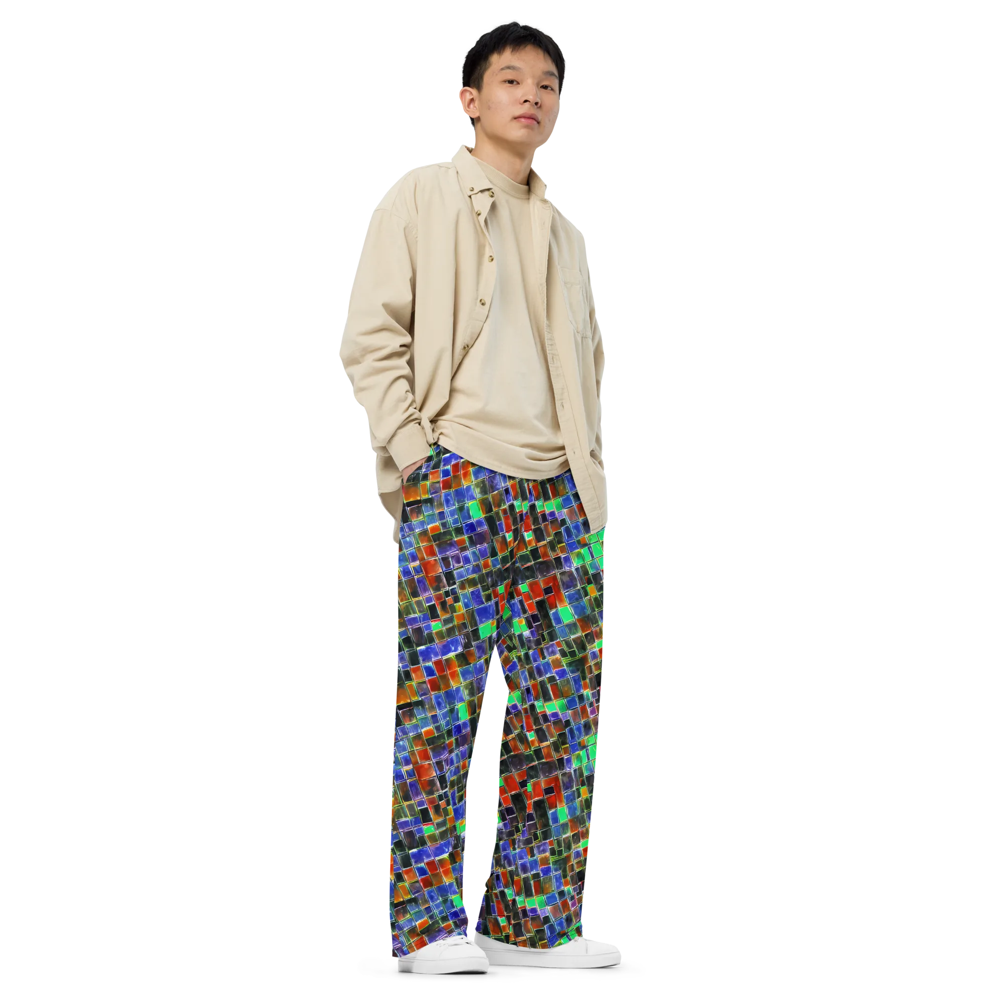 Neon Tesserae on Wide-Leg Pants — Right Front