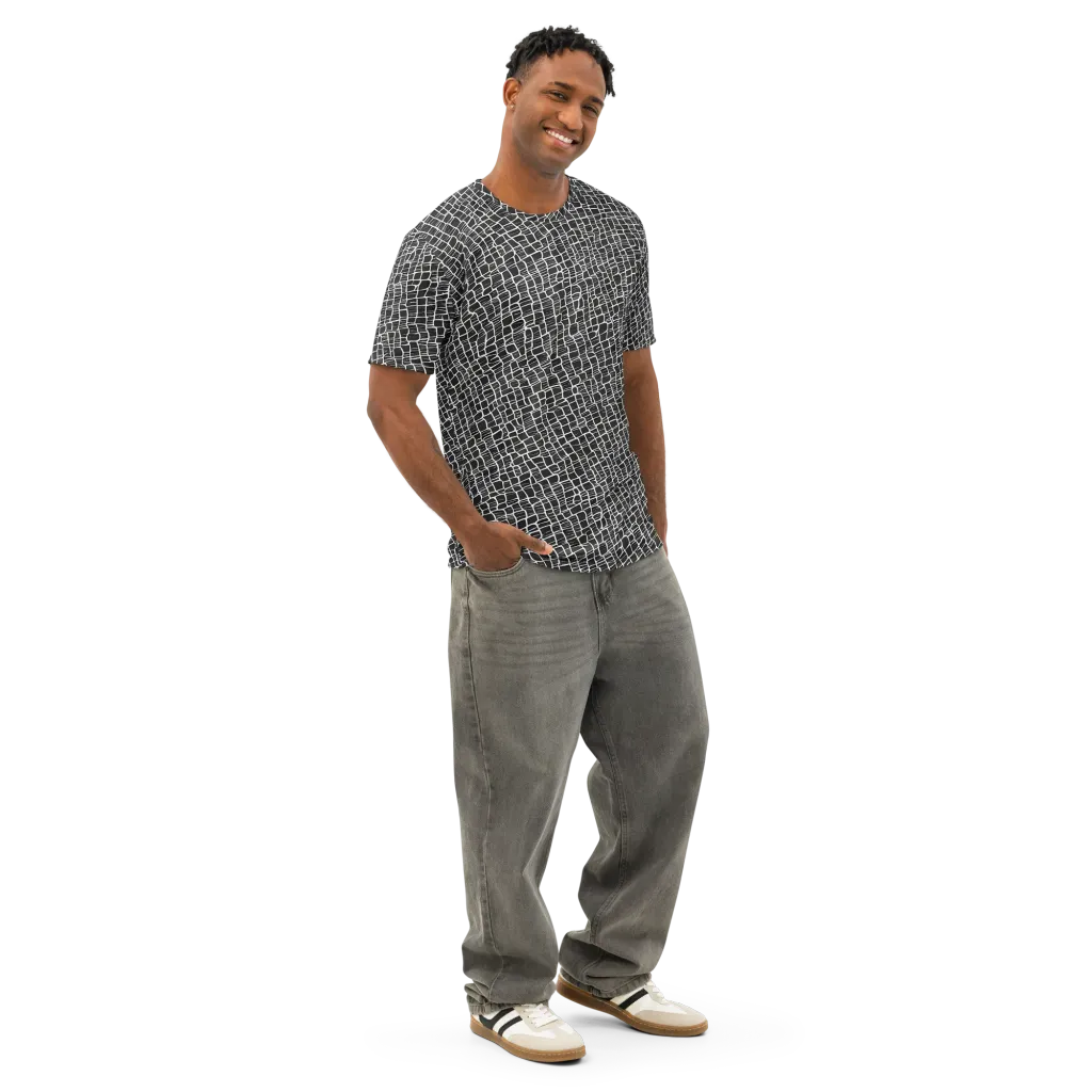 Ivory Grid on Men's Cotton Crew Neck T-Shirt — Right Front