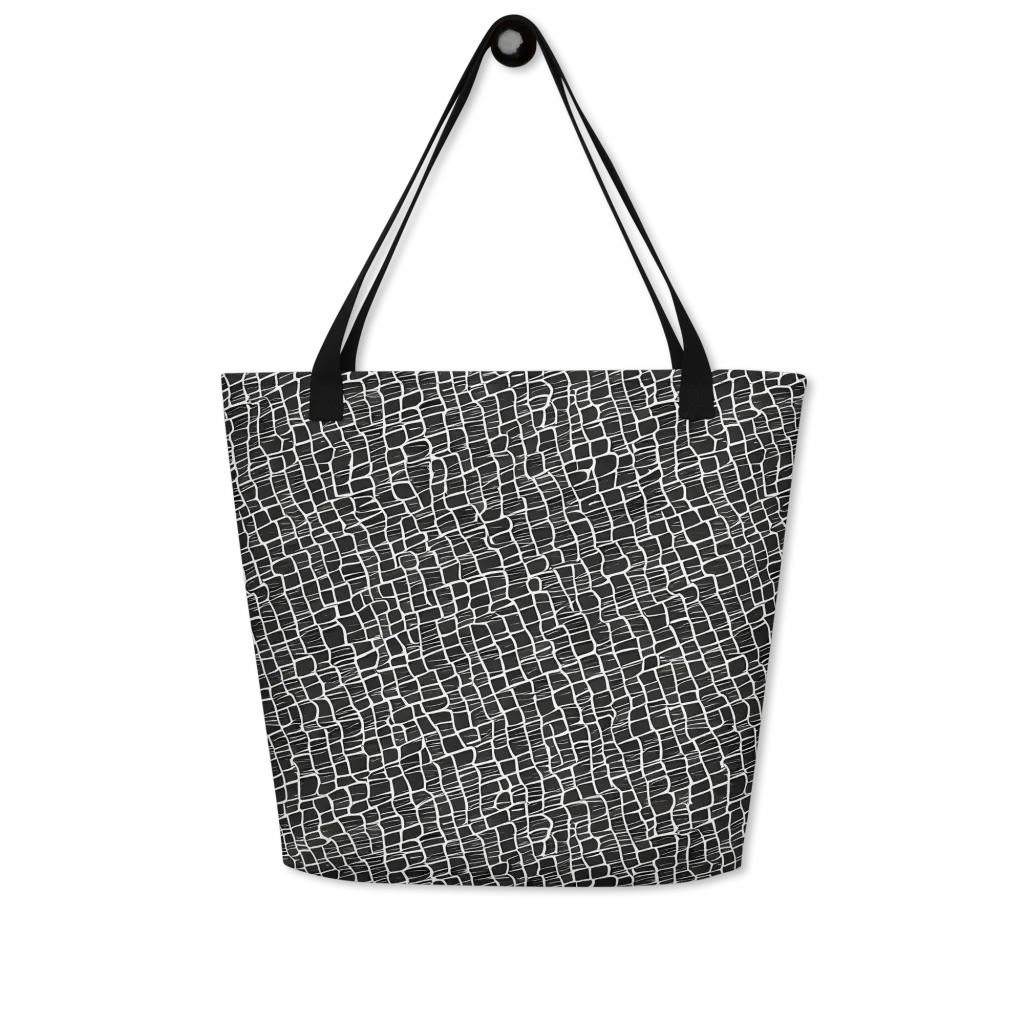 Ivory Grid on Large Tote Bag W/ Pocket — Front