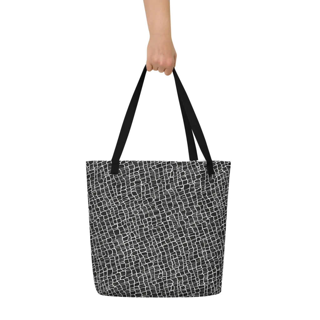 Ivory Grid on Large Tote Bag W/ Pocket — Front