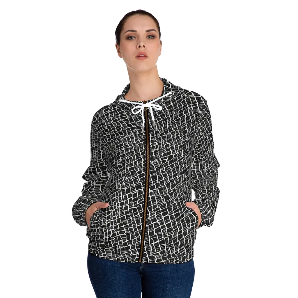 Ivory Grid on Women's Full-Zip Hoodie — Front On Person