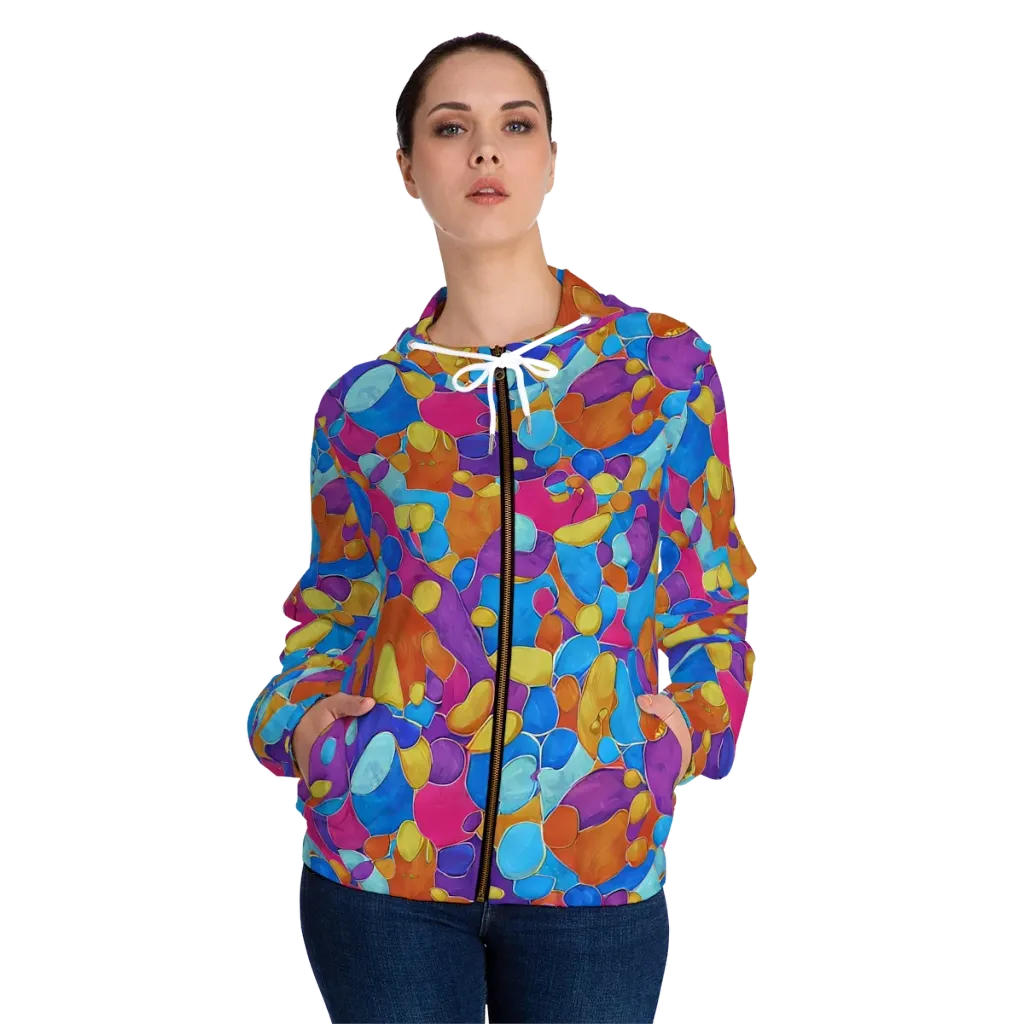 Neon Riverstones on Women's Full-Zip Hoodie — Front On Person