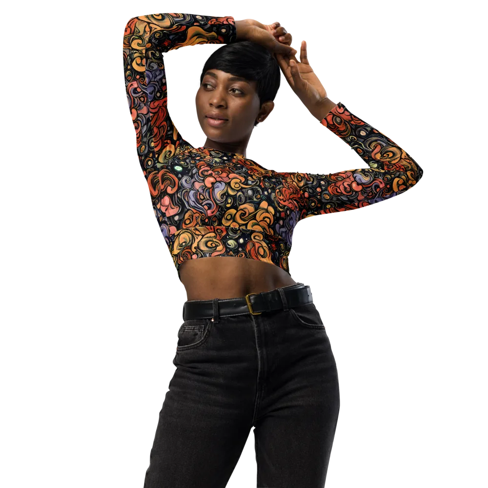 Psychedelic Brocade on Long Sleeve Crop Top — Front