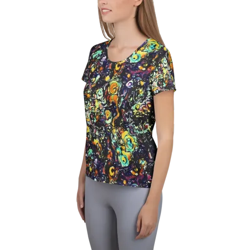 Dark Matter Bloom on a Women's Athletic T-Shirt
