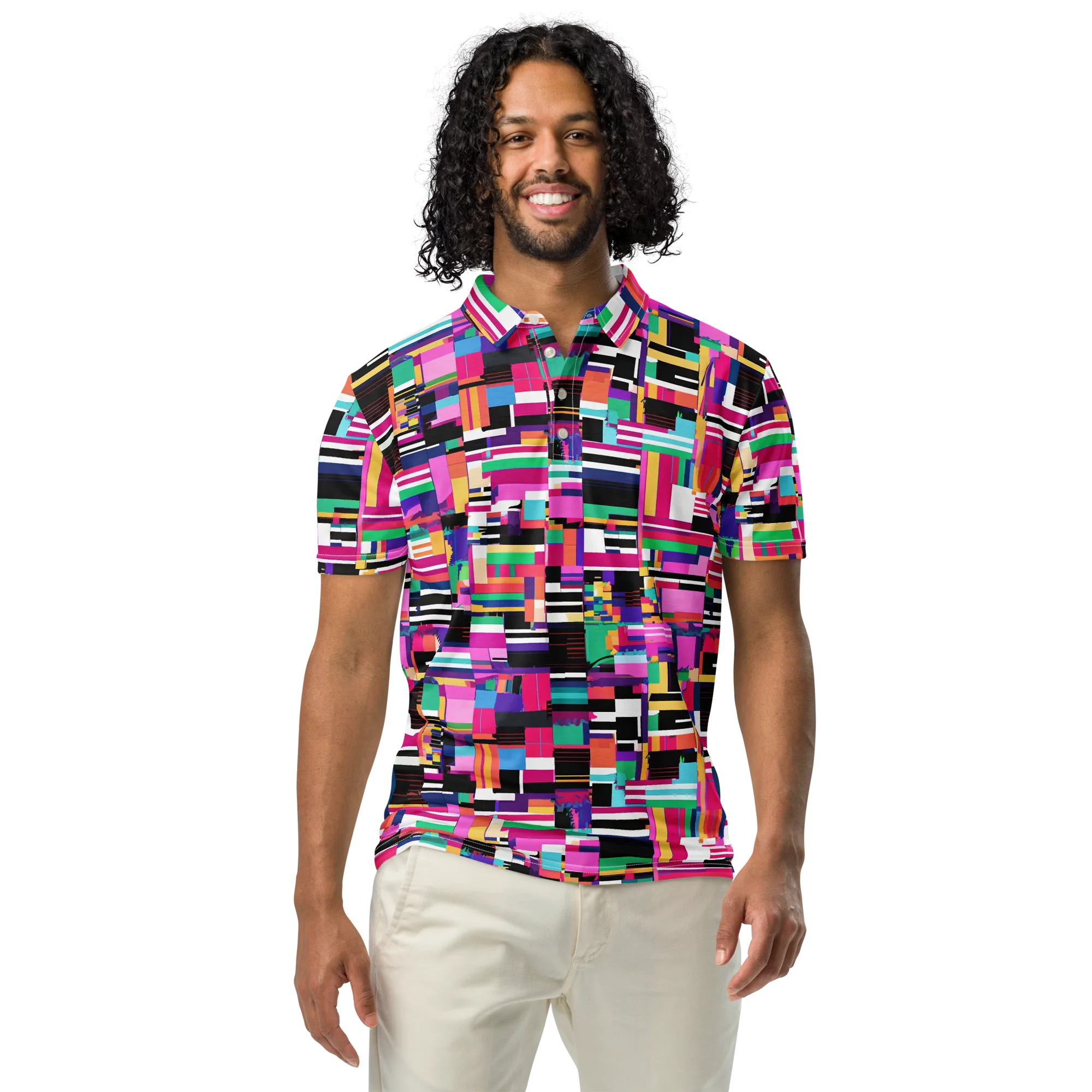 Neon Cityscape on Men's Slim Fit Polo Shirt — Front