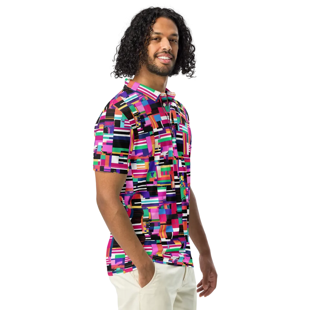 Neon Cityscape on Men's Slim Fit Polo Shirt — Right Front