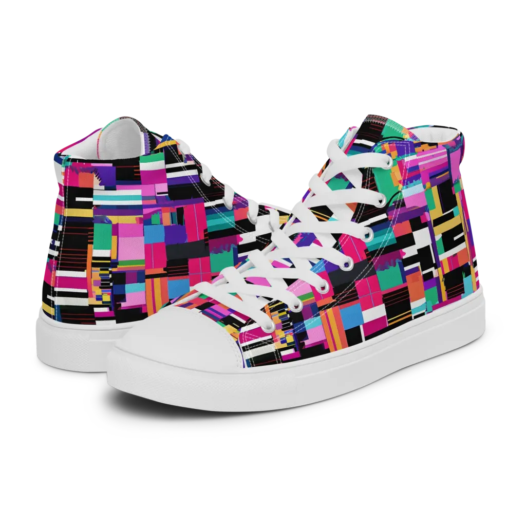 Neon Cityscape on Men's High Top Canvas Shoes — Left