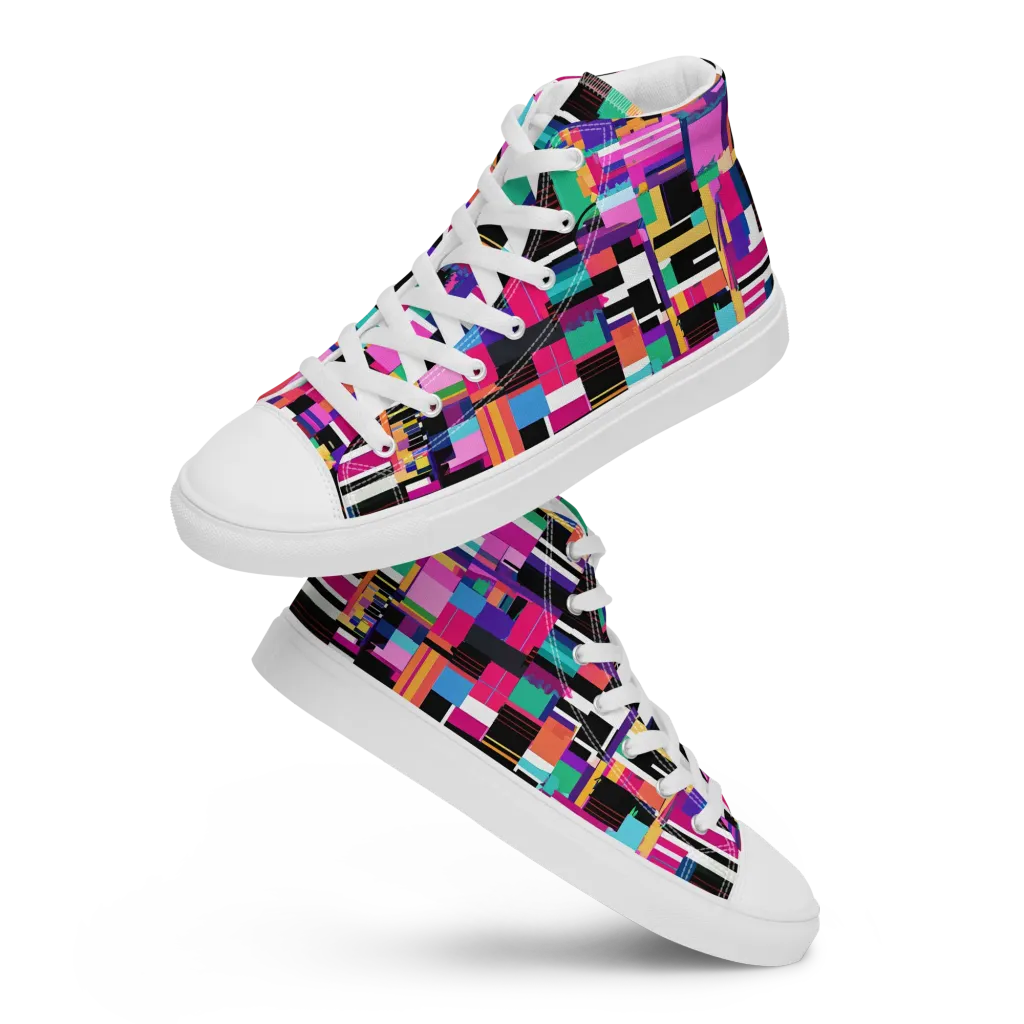 Neon Cityscape on Men's High Top Canvas Shoes — Front