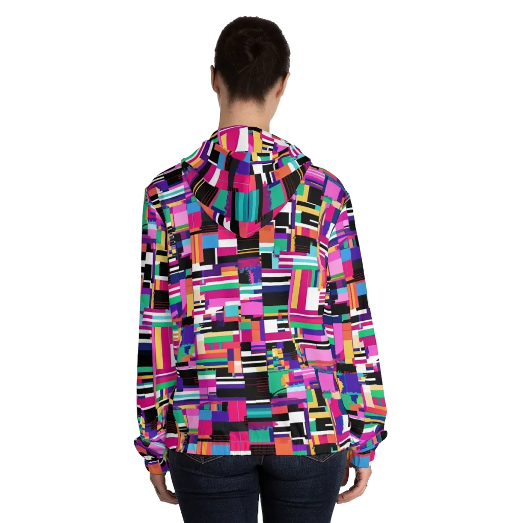 Neon Cityscape on Women's Full-Zip Hoodie — Back On Person