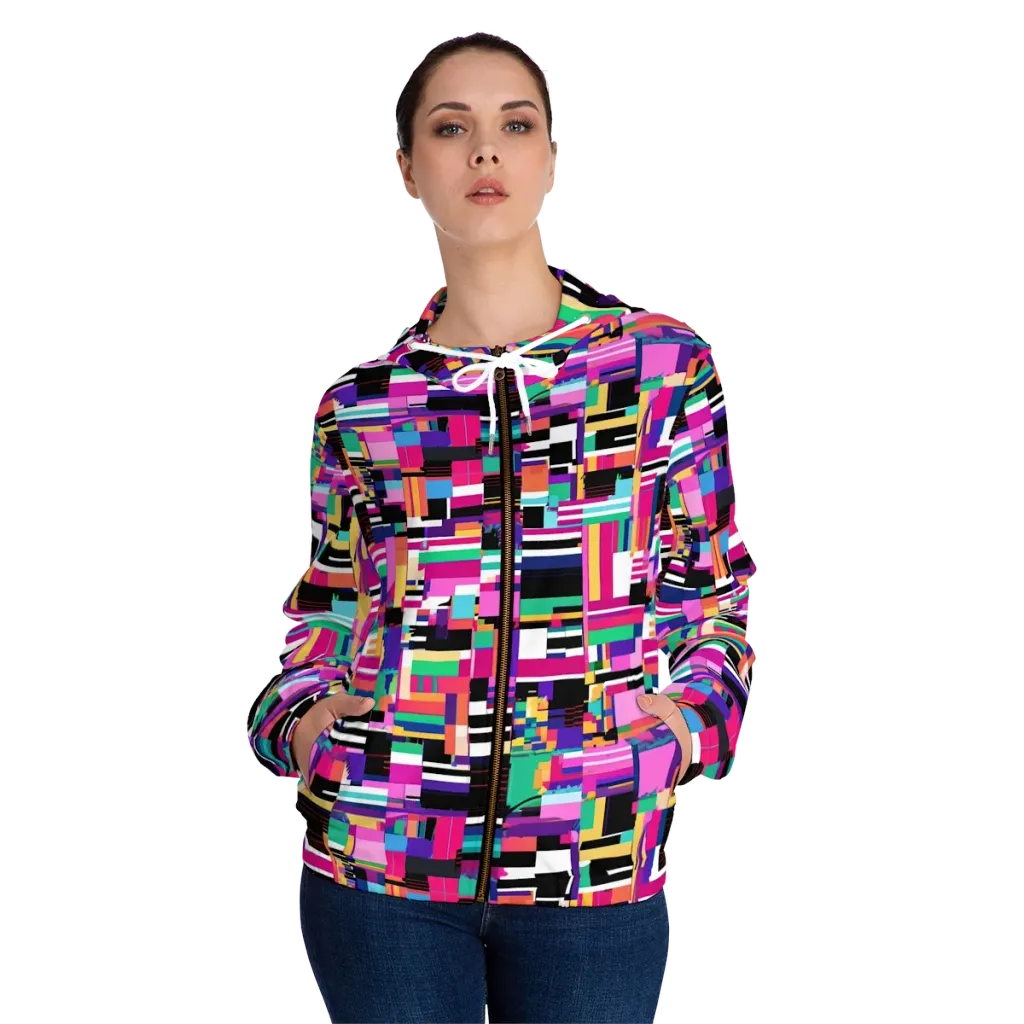 Neon Cityscape on Women's Full-Zip Hoodie — Front On Person