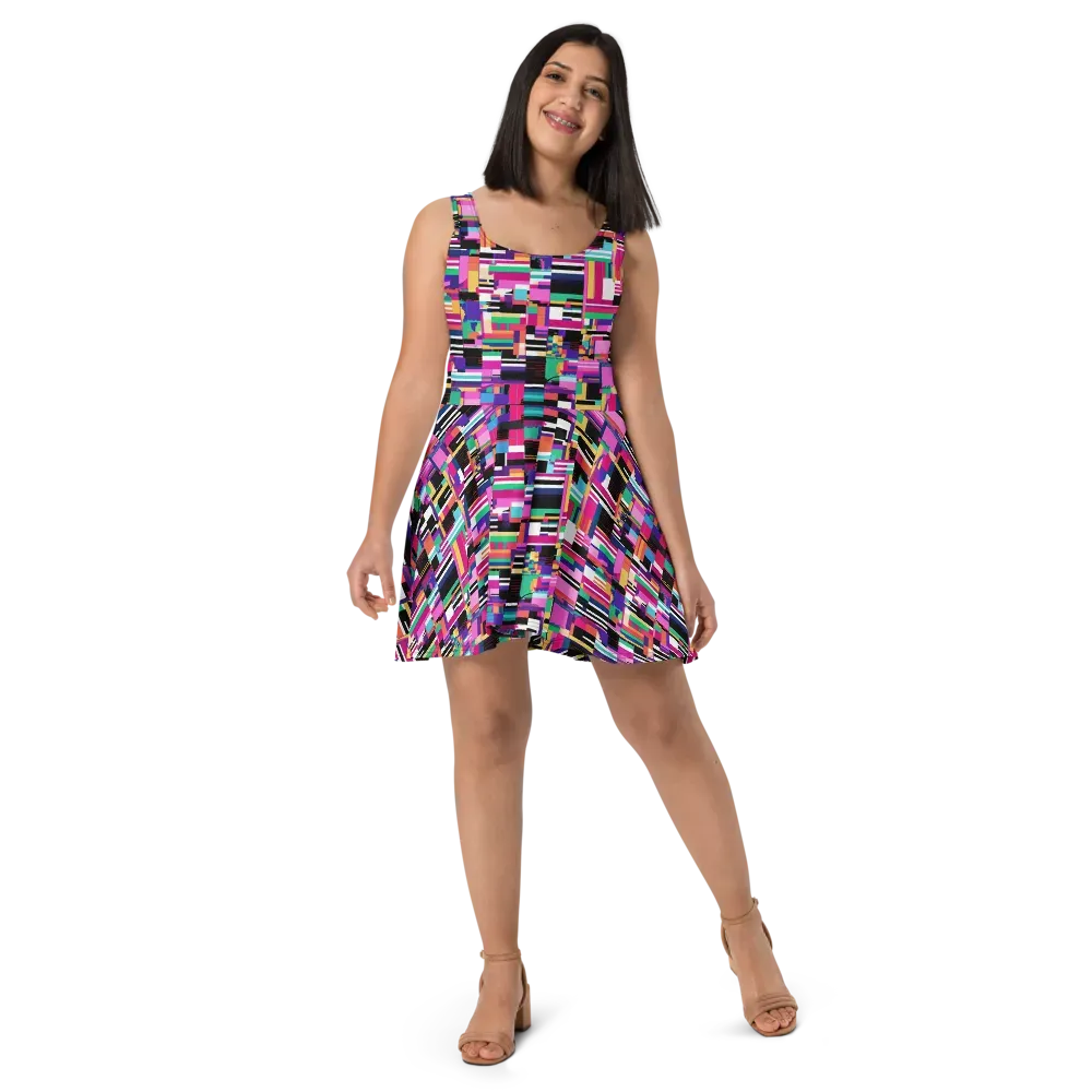 Neon Cityscape on Skater Dress — Front