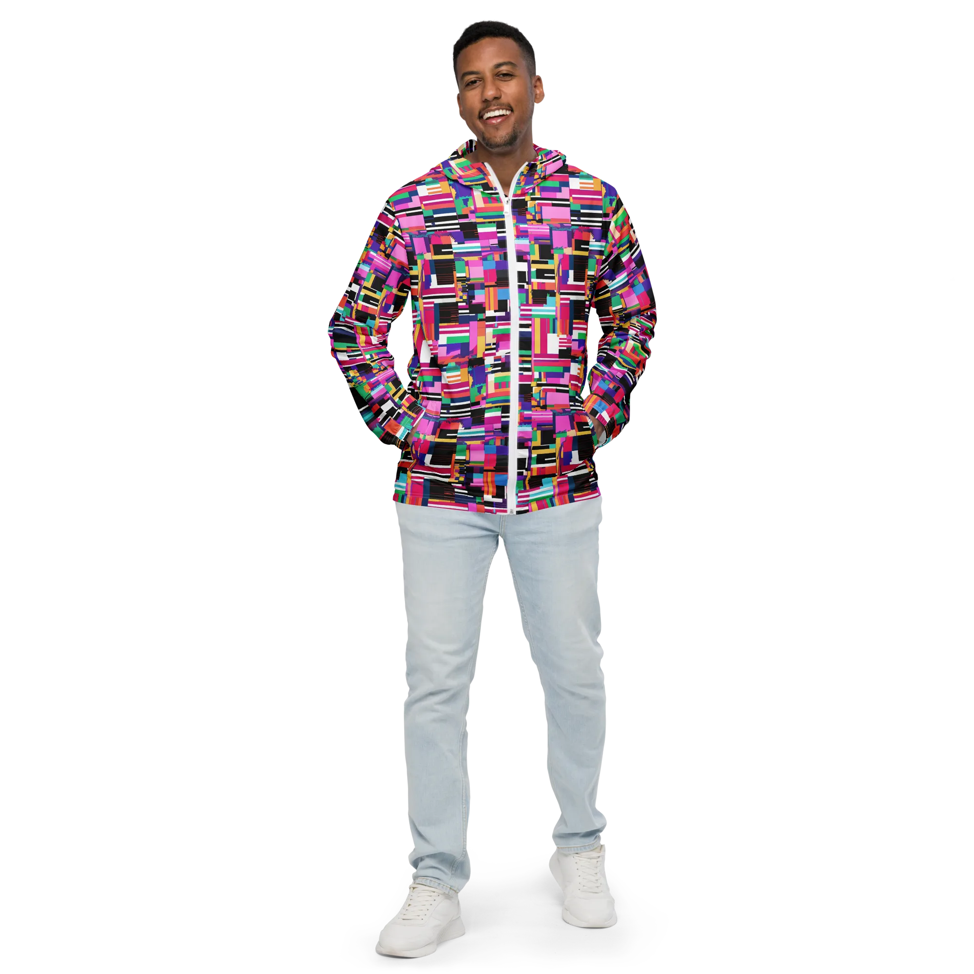 Neon Cityscape on Men's Windbreaker — Front