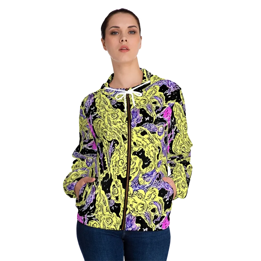Acid Etching on Women's Full-Zip Hoodie — Front On Person