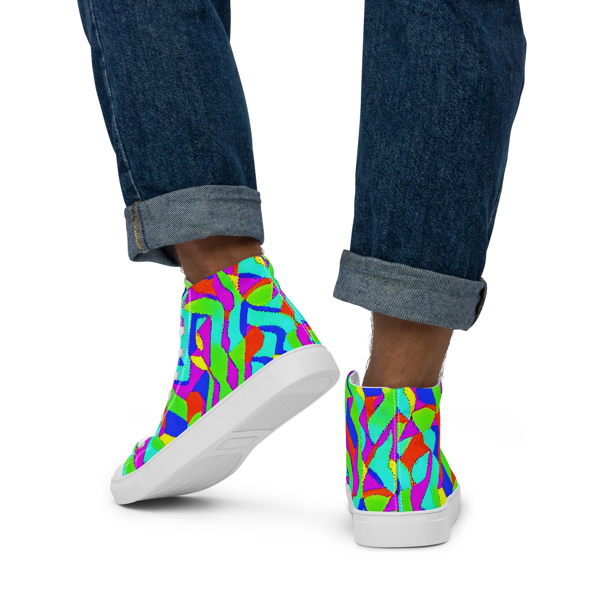 Neon Collage on Men's High Top Canvas Shoes — Back