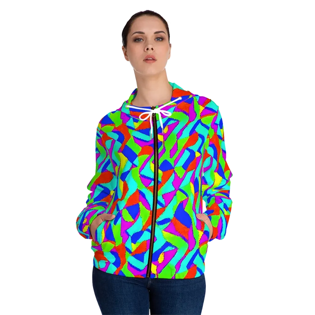 Neon Collage on Women's Full-Zip Hoodie — Front On Person