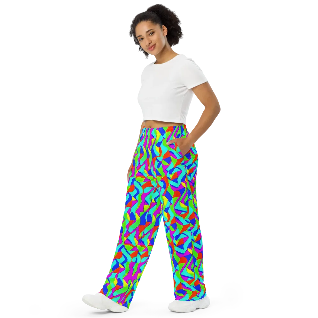Neon Collage on Wide-Leg Pants — Left Front