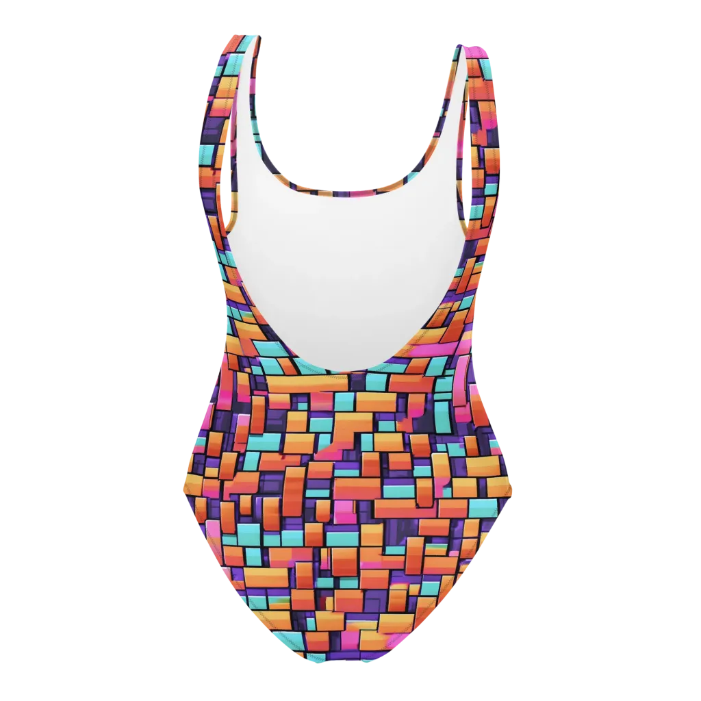 Neon Brickwork on One-Piece Swimsuit — Back
