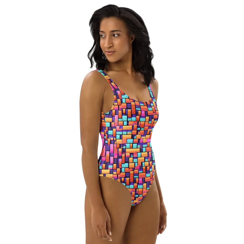 Neon Brickwork on One-Piece Swimsuit — Right