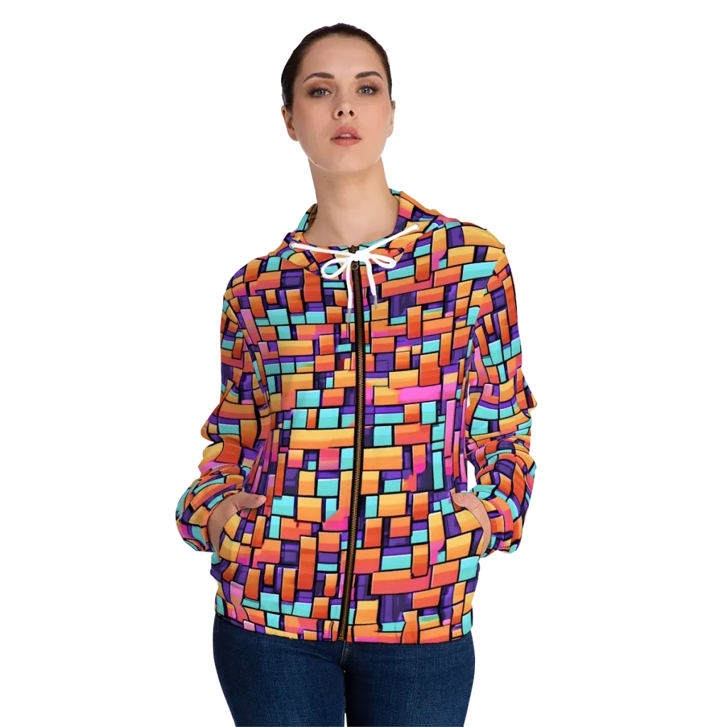Neon Brickwork on Women's Full-Zip Hoodie — Front On Person