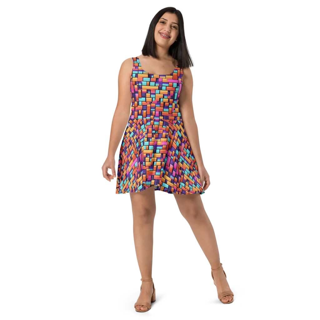Neon Brickwork on Skater Dress — Front