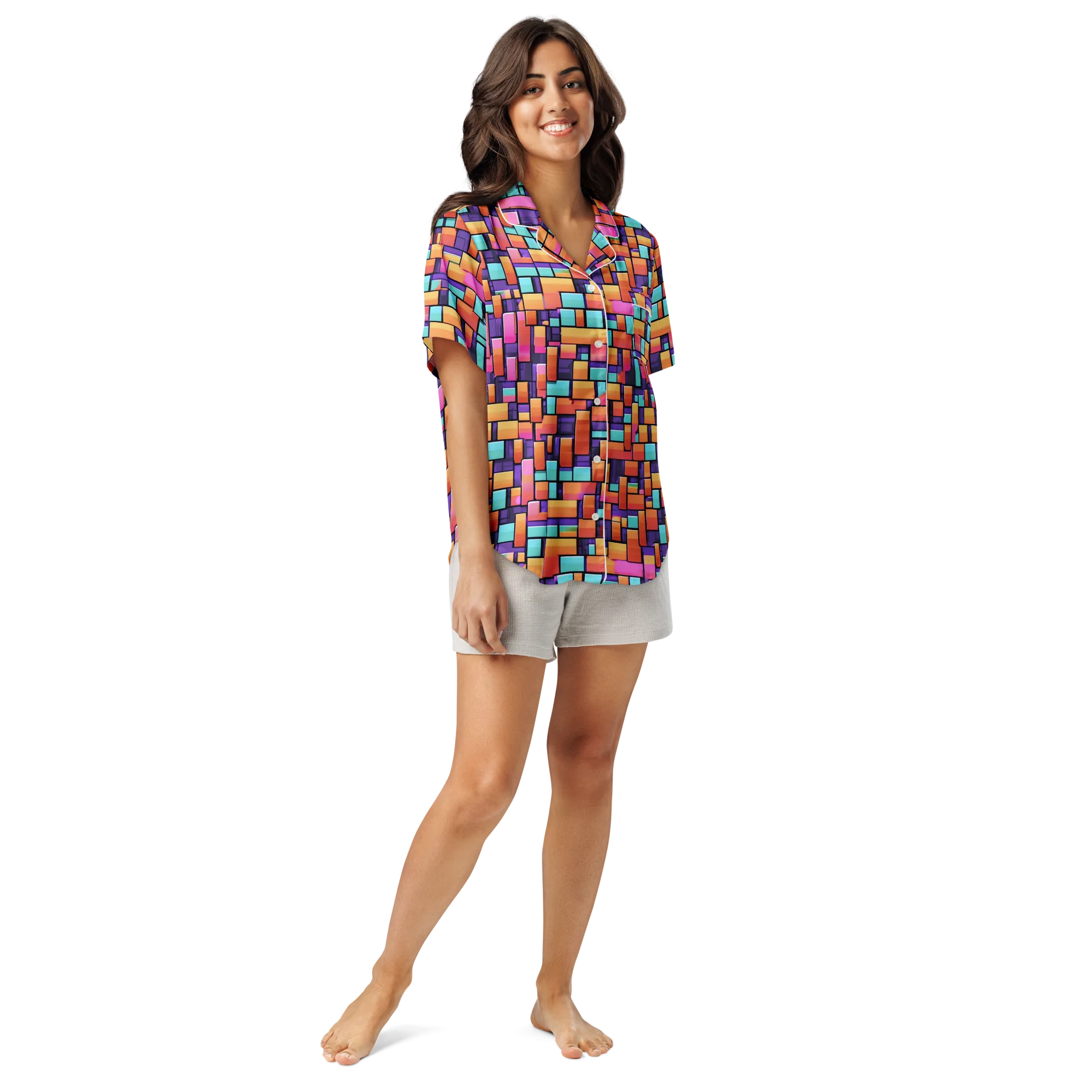 Neon Brickwork on Women's Short Sleeve Pajama Top — Front